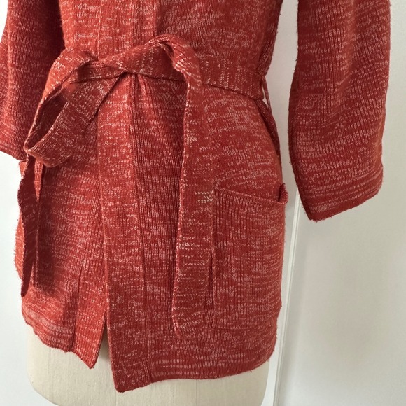 Vintage Rust Orange Marled Knit Tie Waist Cardigan 3/4 Sleeve 70s XS S Robe - Picture 6 of 9